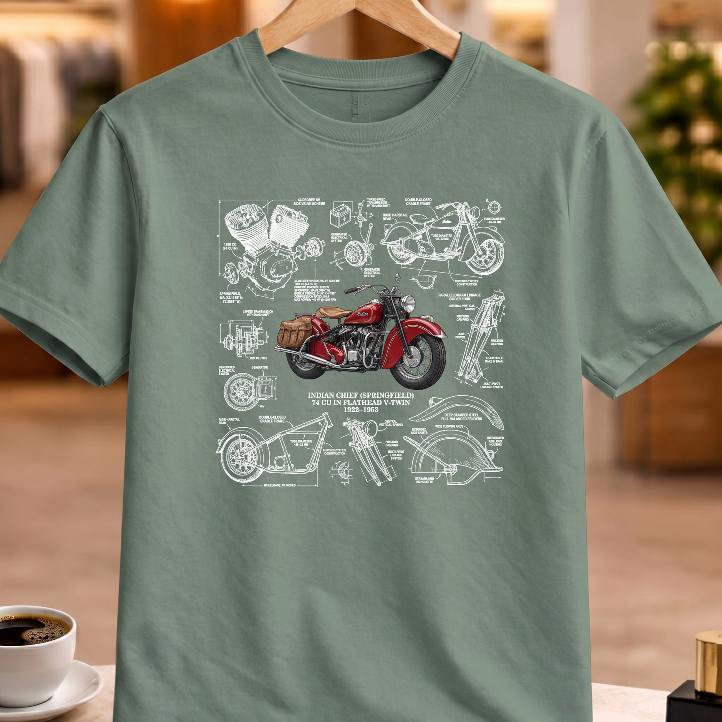 INDIAN CHIEF (SPRINGFIELD) 74 CU IN FLATHEAD V-TWIN 1922-1953 T-SHIRT